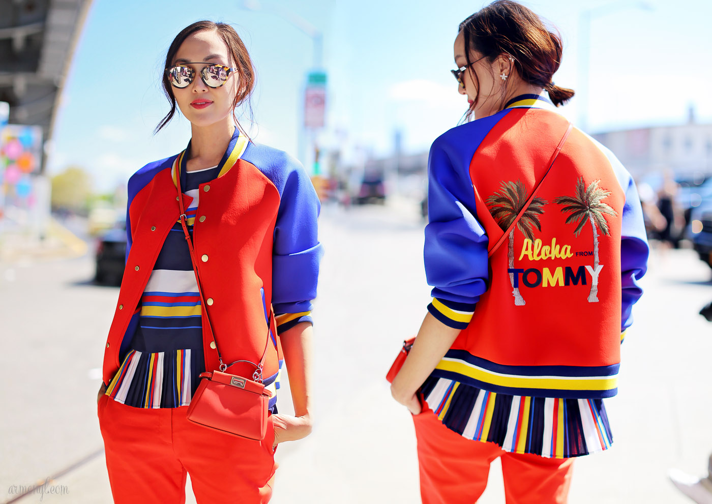 Chriselle Lim of the Christelle Factor in Full Tommy Hilfiger look and Tommy Hilfiger bomber jacket at Tommy Hilfiger Fashion Show in New York on September 2015