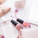 Laura Mercier Body Butter in Creme Brule, Coco Mademoiselle by Chanel, pink flat lay photographed by Armenyl.com