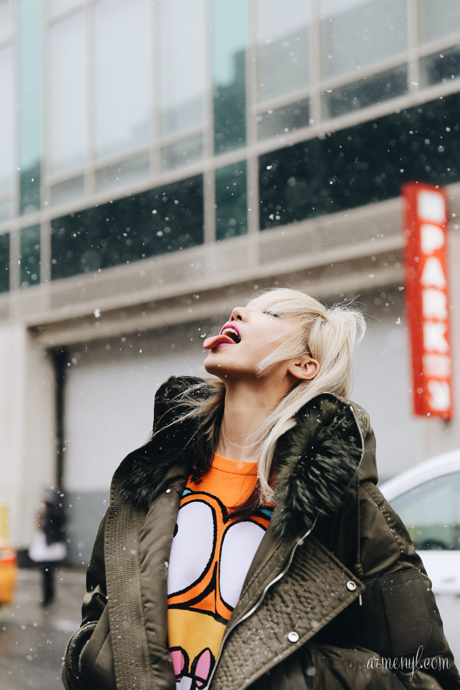 Model Soo Joo outside Jeremy Scott FW 2016 in New York City Photographed by Armenyl.com