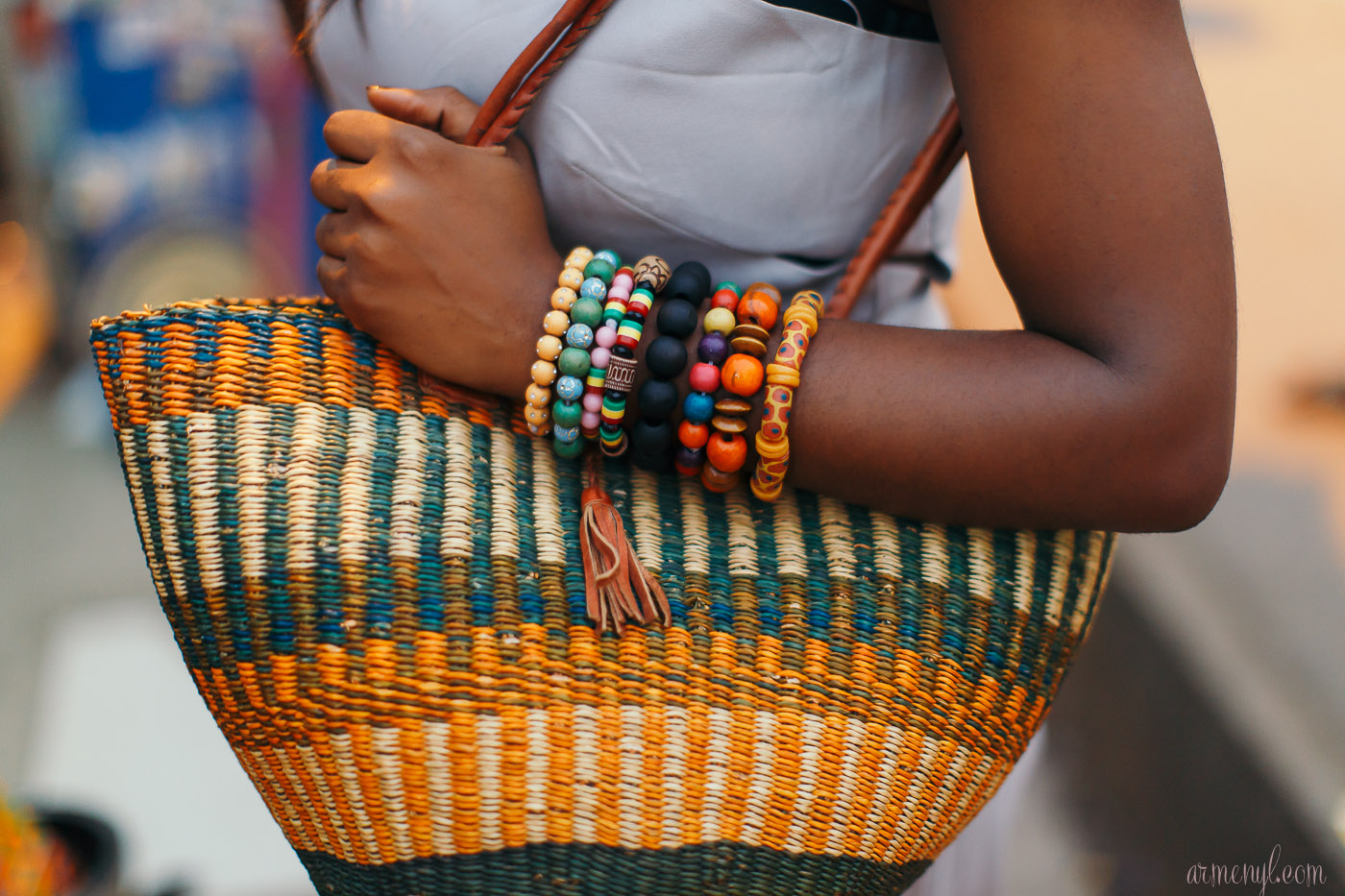 Woven Basket for Shopping for Fashion in Ghana, Accra, Osu West Africa style photographed by Fashion blogger Armenyl