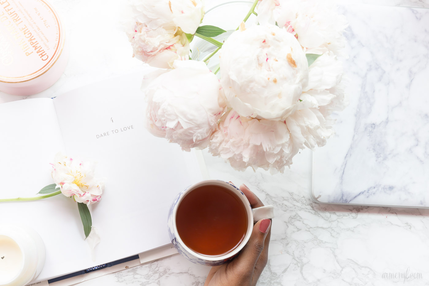 Love, Peonies, and Truffles flat lay by Armenyl Photography