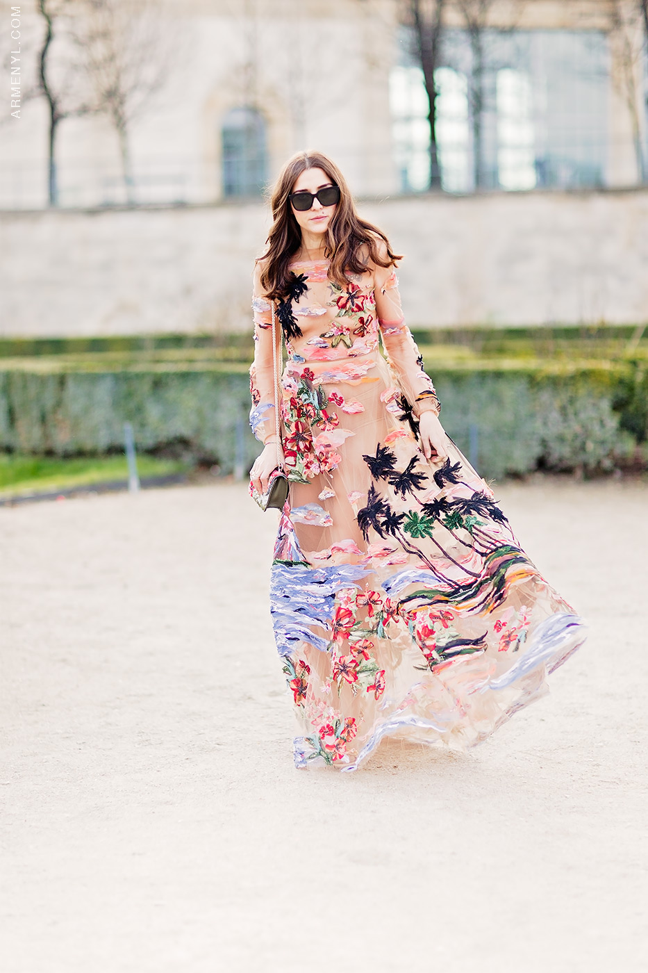 Street Style Eleonora Carisi in Maison Valentino Couture Dress at Paris Fashion Week Jardin des Tuileries by Armenyl.com