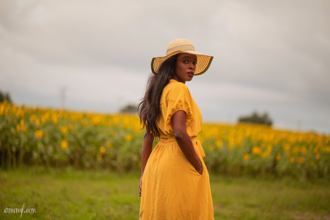 A fashion through travel Self Portrait series by Armenyl featuring the sunflower fields in Jarrettsville Maryland