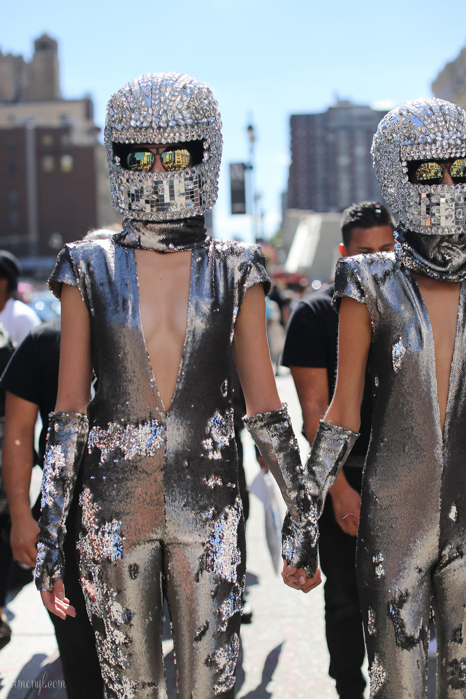 Heavy Metal Bedazzled Fashion Helmet and metal body jumpsuit at NYFW