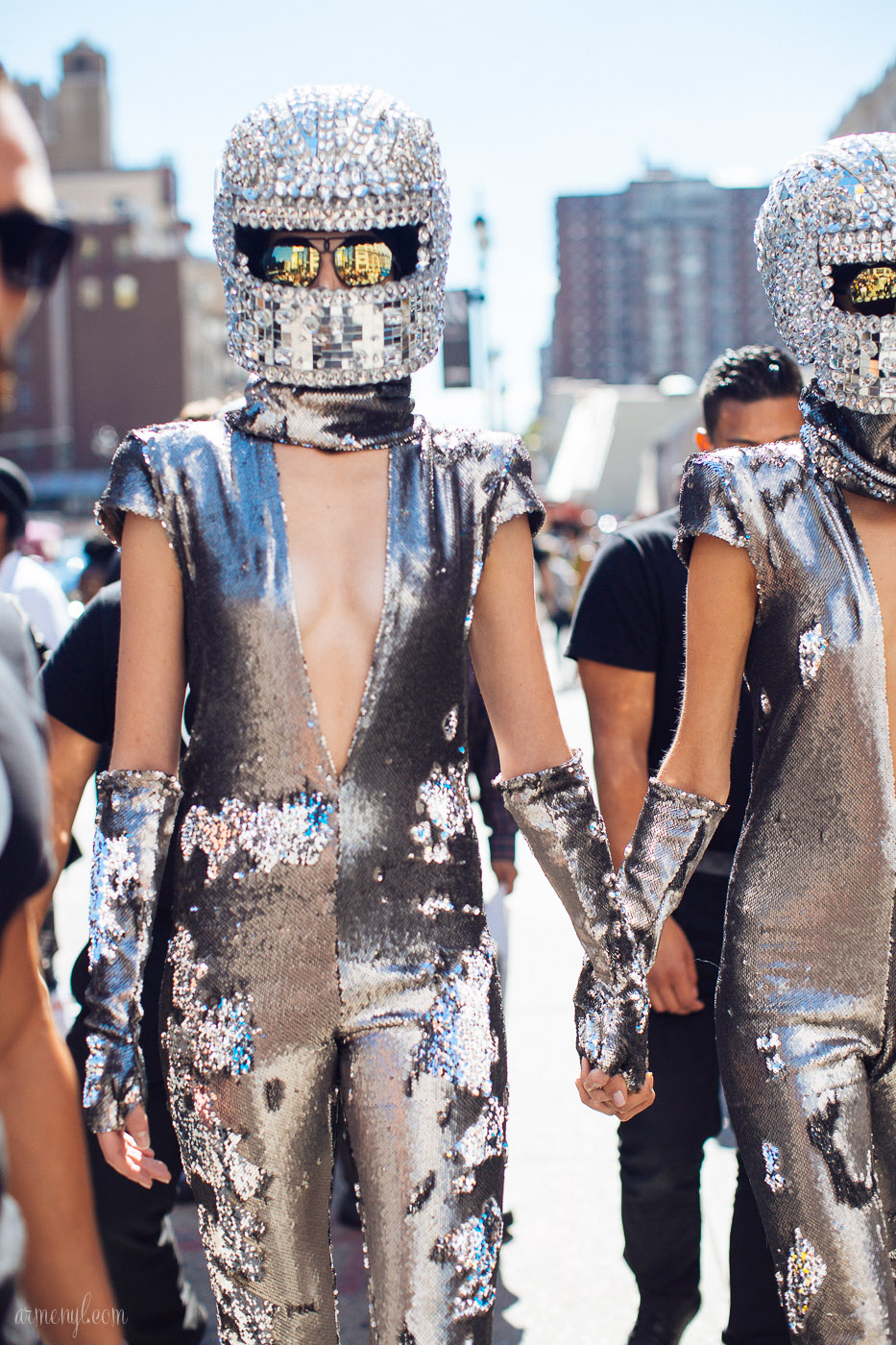 Futuristic Fashion Bedazzled Fashion Helmet and galactic body jumpsuit at NYFW