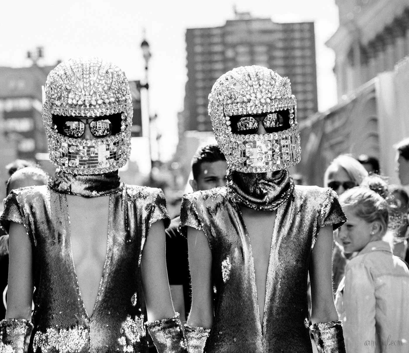 Heavy Metal Bedazzled Fashion Helmet and metal bodysuit at NYFW