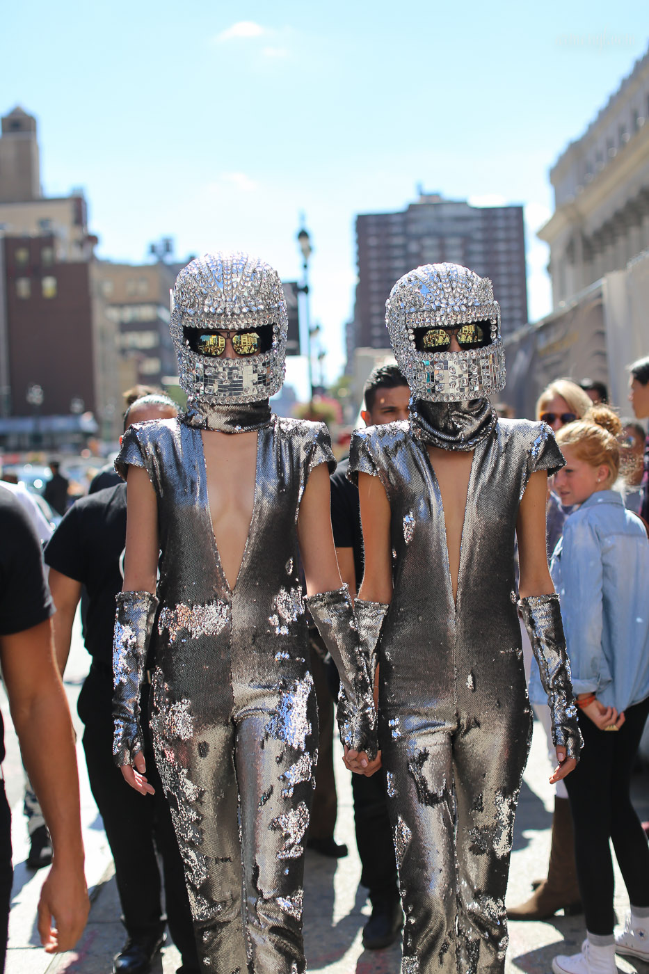 Heavy Metal Bedazzled Fashion Helmet and metal body jumpsuit at NYFW