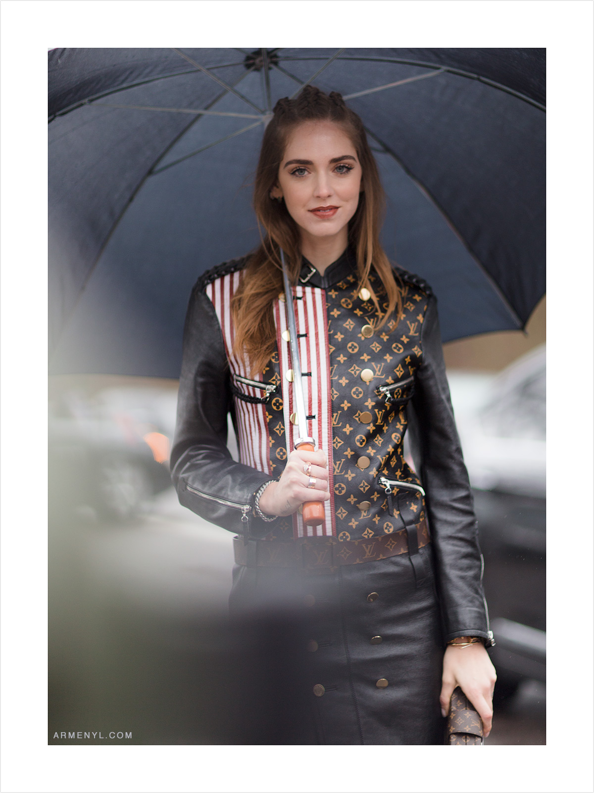 Chiara Ferragni at Louis Vuitton in the rain Street style at Louis Vuitton FW 16 show in Paris on March 9th photographed by Armenyl.com