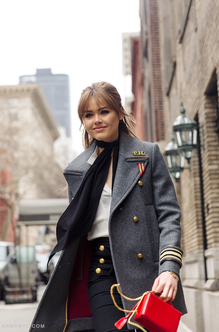 Street style Kristina Bazan at New York Fashion Week in Grey Tommy Hilfiger Blazer at Tommy Hilfiger FW 16 show in New York City photographed by Armenyl.com