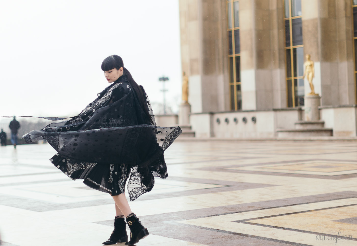 Bandana Print Dress at Sacai Paris Fashion Week Street style Photographed by Armenyl.com