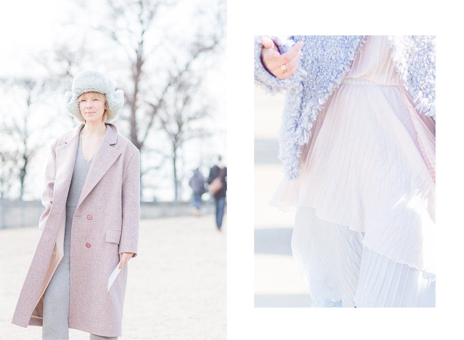 Soft tones, Pink and grey, pastel colors coats winter fashion at Paris Fashion Week Elie Saab AW 16 photographed by Armenyl.com