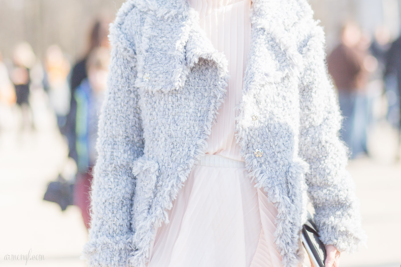 Soft tones, Pink and grey, pastel colors coats winter fashion at Paris Fashion Week Elie Saab AW 16 photographed by Armenyl.com