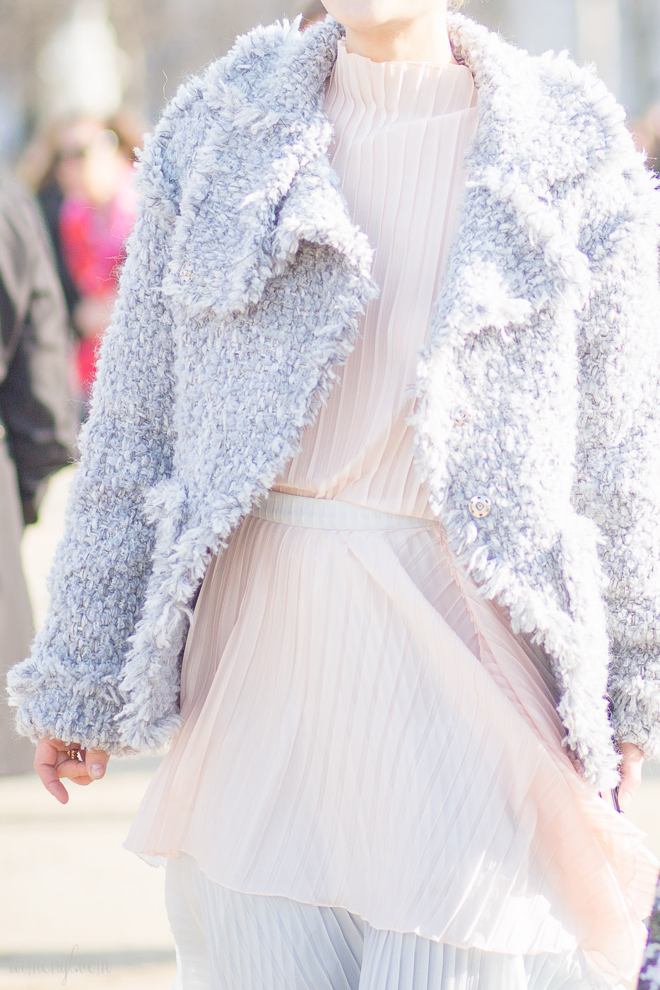 Soft tones, Pink and grey, pastel colors coats winter fashion at Paris Fashion Week Elie Saab AW 16 photographed by Armenyl.com