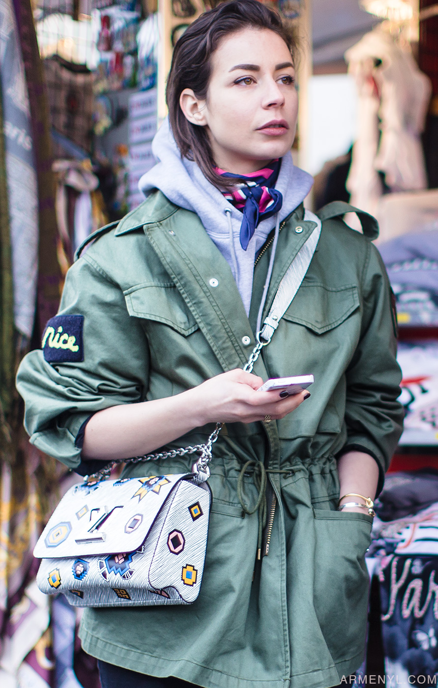 Irina Lakicevic with LV purse after Sacai Fall Winter 16 show photographed by Armenyl.com