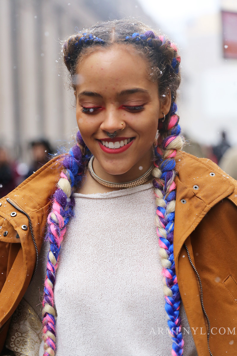 Make up look red eye shadow and red lips. Colorful french braids, NYFW street style look photographed by Armenyl.com