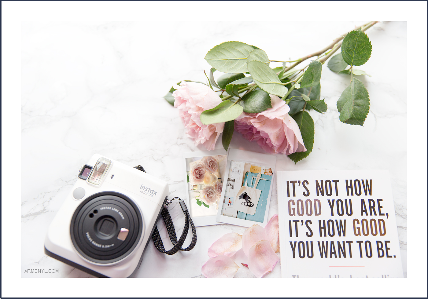 beautiful Flatlay it's not how good you are its how good you want to be by Paul Arden, install polaroid camera photo by Armenyl.com