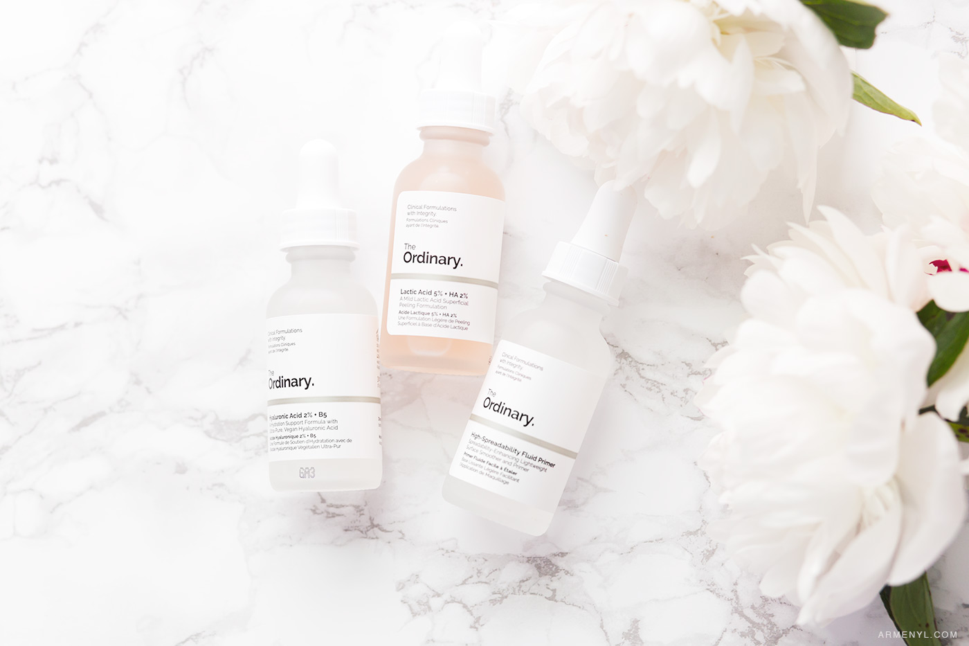 Favorites The Ordinary Skincare Lactic Acid, High Spreadability Fluid Primer, Hyaluronic Acid 2% + B5 photographed by Armenyl.com