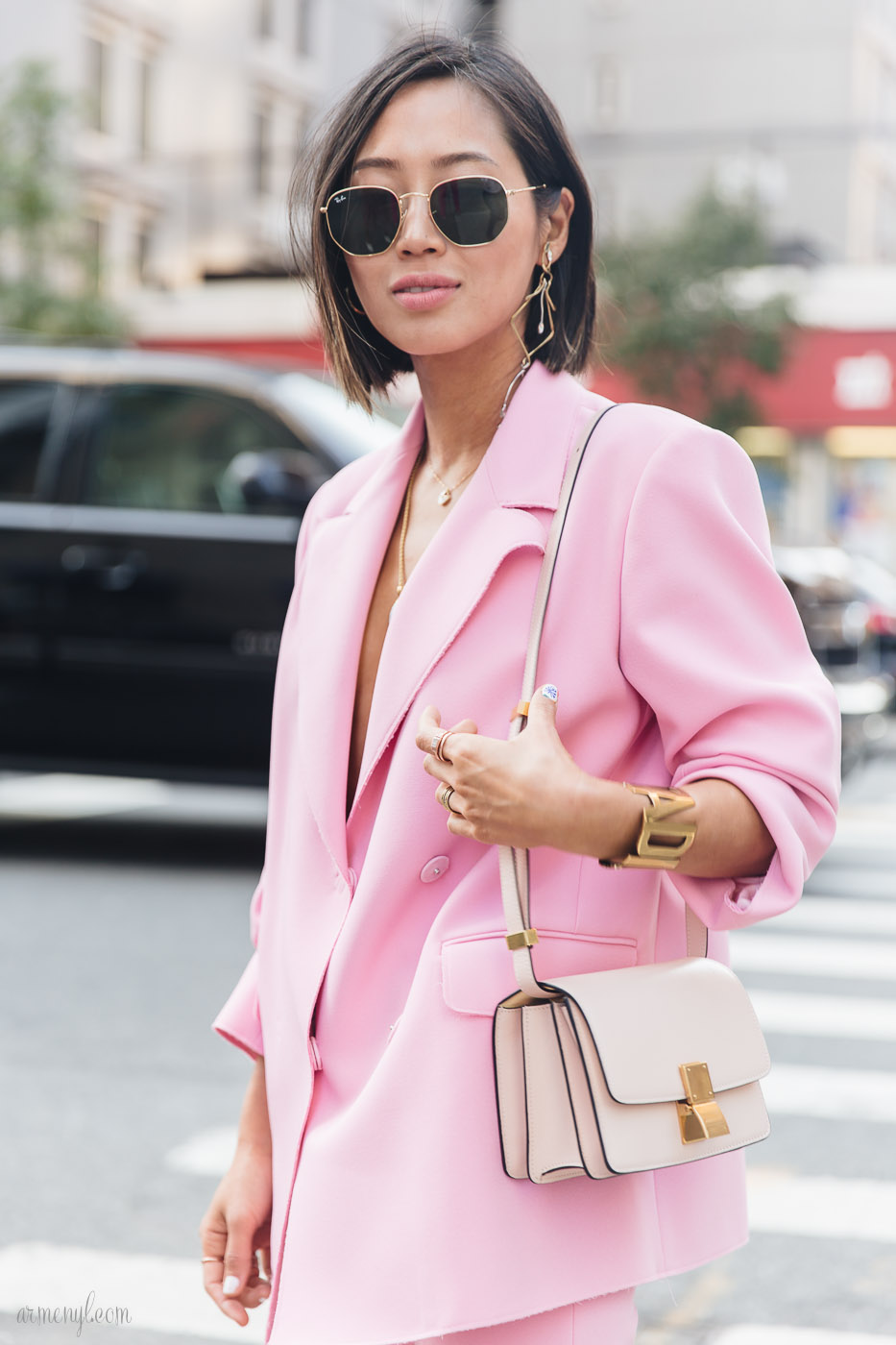 The best pink pantsuits street style looks at New York Fashion Week SS 2018 photo by street style photographer Armenyl