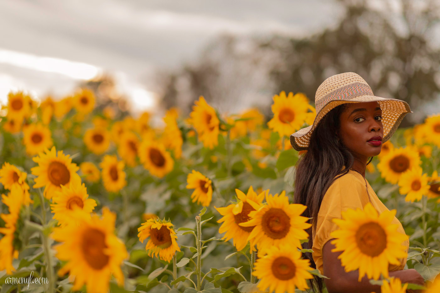 A fashion through travel Self Portrait series by Armenyl featuring the sunflower fields in Jarrettsville Maryland